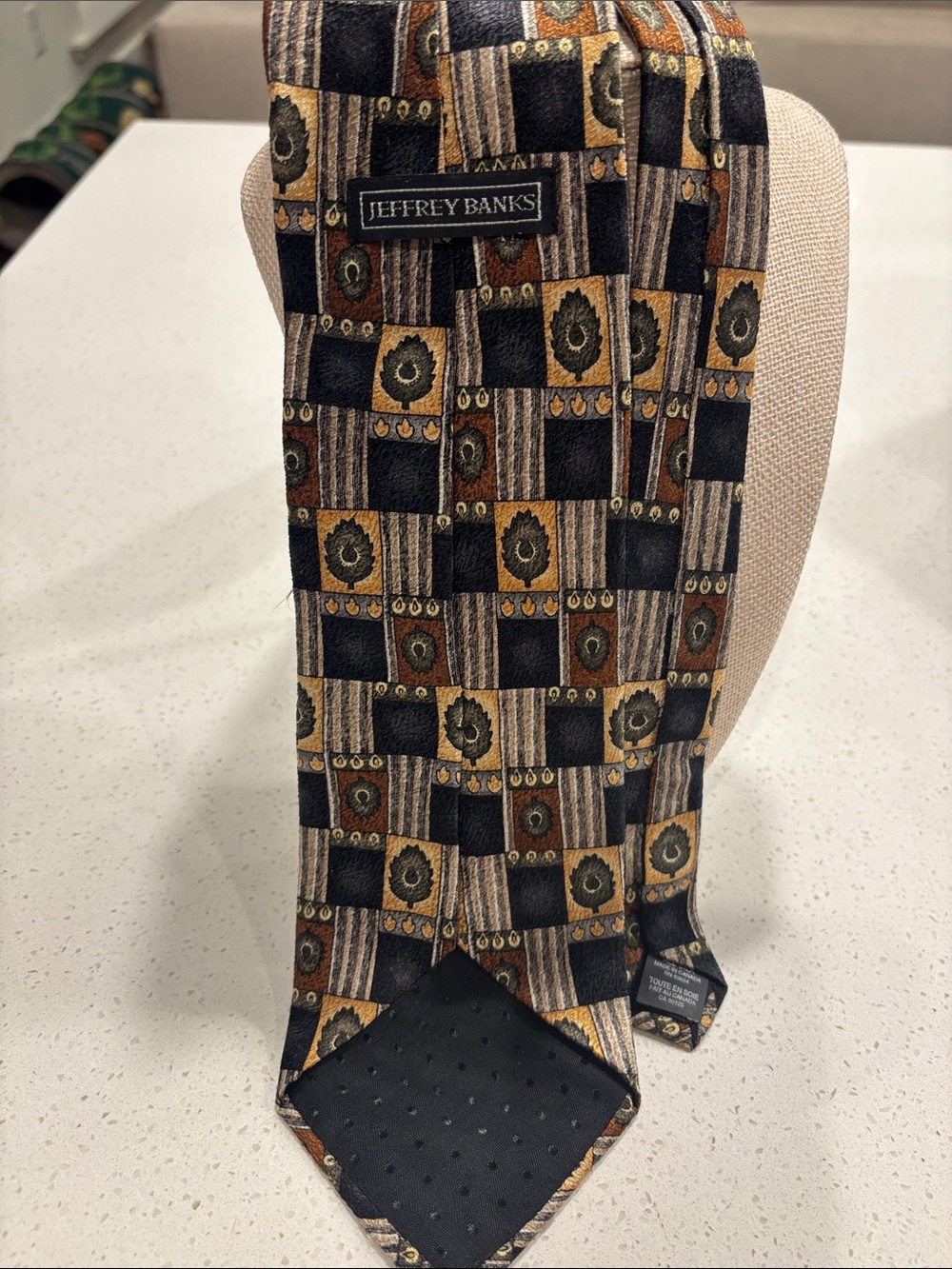 Jeffrey Banks Geometric Pattern Silk Tie in Black, Gold & Brown